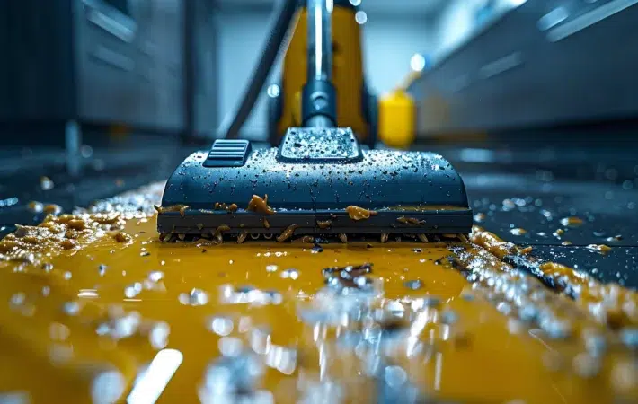 A close-up of a vacuum cleaner head wet and covered in debris, vacuuming a shiny yellow floor scattered with dirt and water droplets in a dimly lit environment.