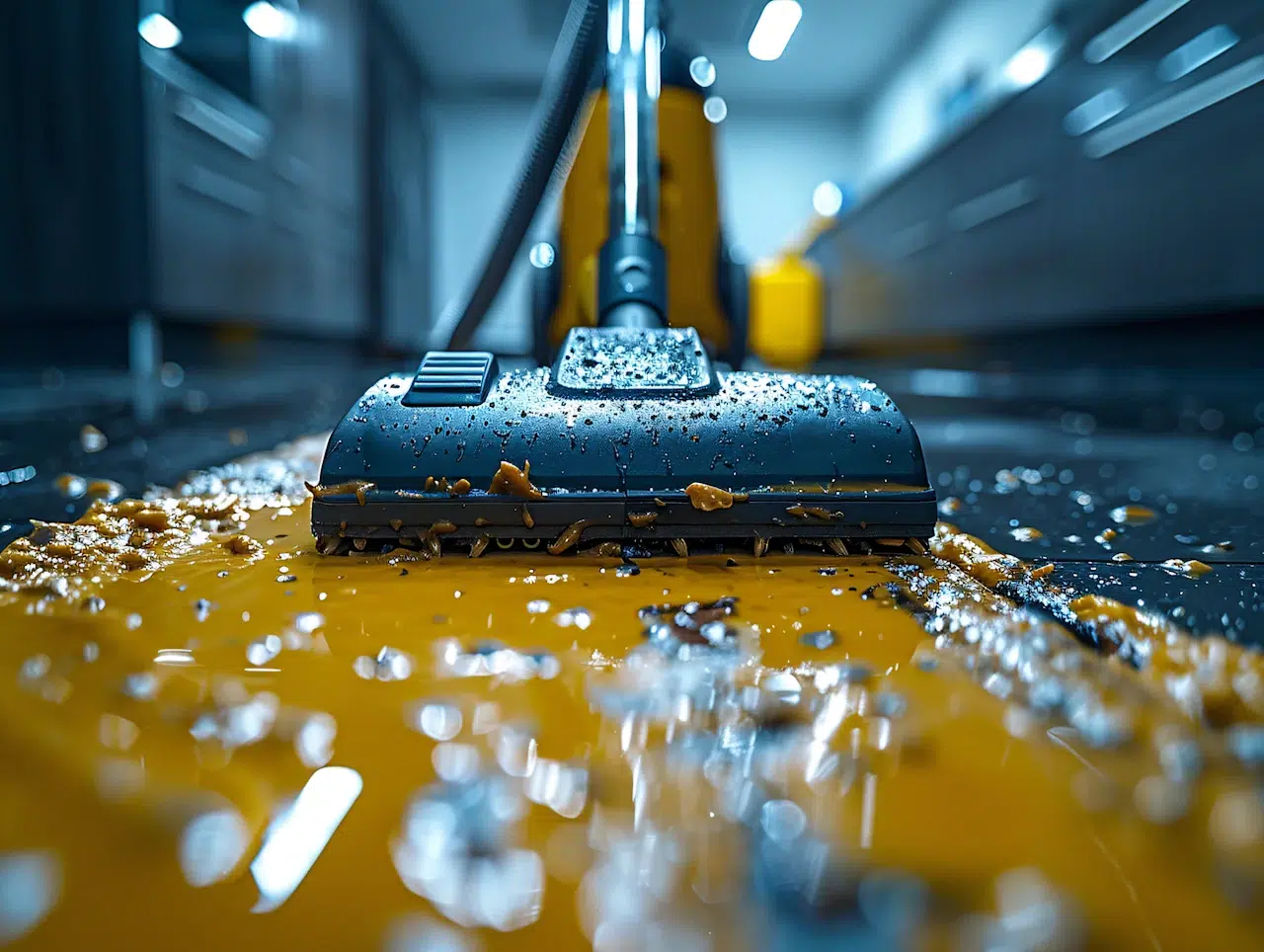 A close-up of a vacuum cleaner head wet and covered in debris, vacuuming a shiny yellow floor scattered with dirt and water droplets in a dimly lit environment.