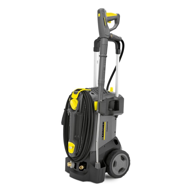 A modern, upright Altra Industrial Motion with a gray and yellow design, featuring a built-in hose reel, large wheels, and ergonomic handle for mobility.