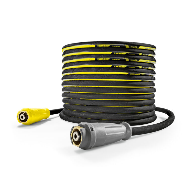 A coiled black and yellow pressure washer hose with metal connectors on both ends, isolated on a white background.