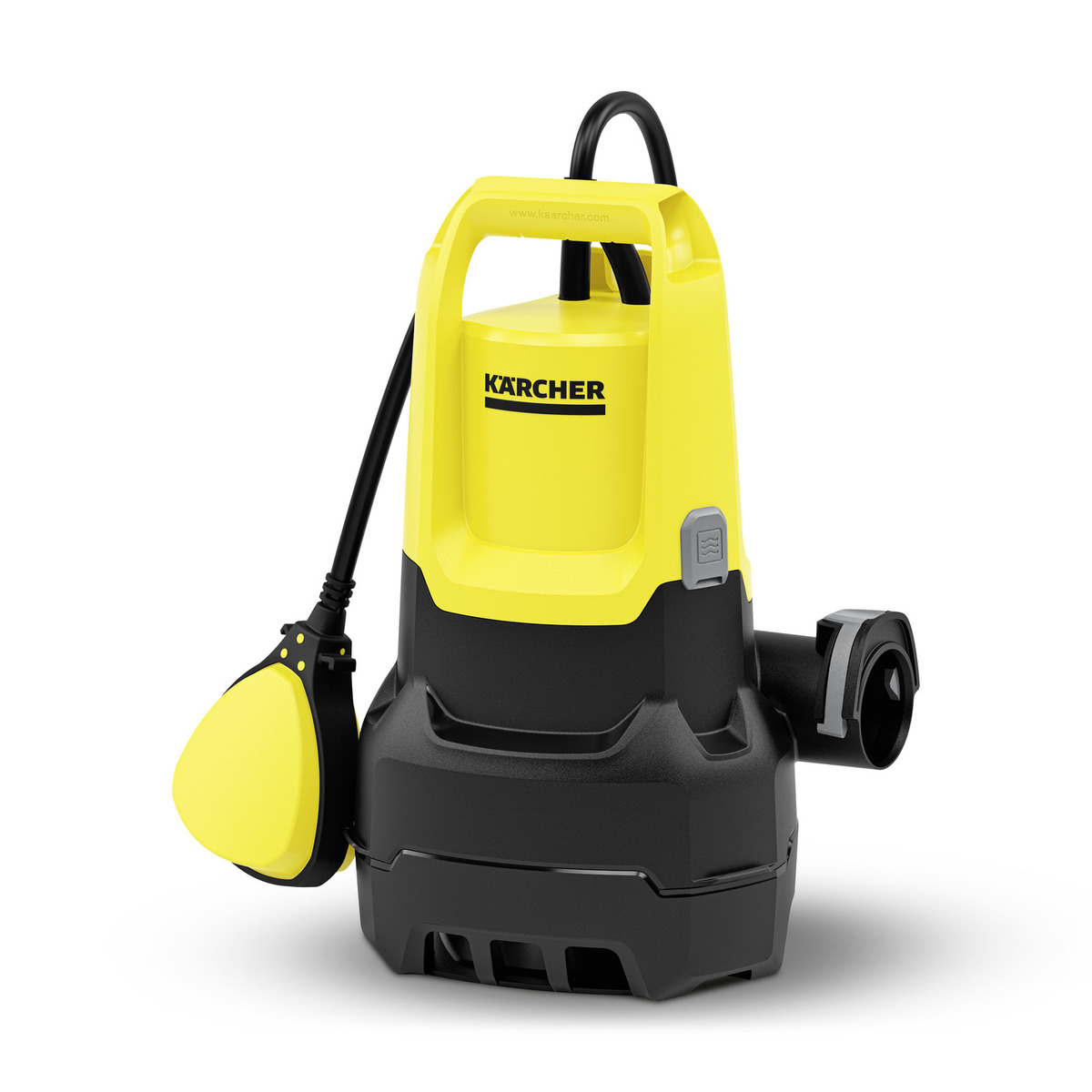 A yellow and black Karcher water pump with a handle on top for easy portability. The pump has a large outlet on the side and a float switch attached by a cord. The design is compact and durable, suitable for various water removal tasks.