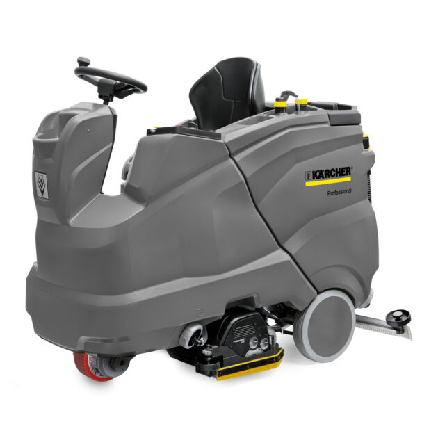 A grey Scrubber Dryer B150 R with a built-in seat and control handles, positioned against a white background.