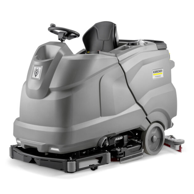 A Scrubber Dryer B200 R BP Pack 240AH Wet+D90+DOSE+Rinse professional ride-on floor cleaner with a sleek gray body, black seat, and red cleaning brushes, isolated on a white background.