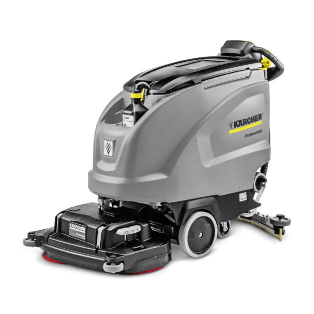 A Scrubber Dryer B 60 W BP Pack 115Ah+D65+DOSE+Rinse+Autofill, with a grey body, black brushes underneath, and yellow and black detailing, isolated on a white background.
