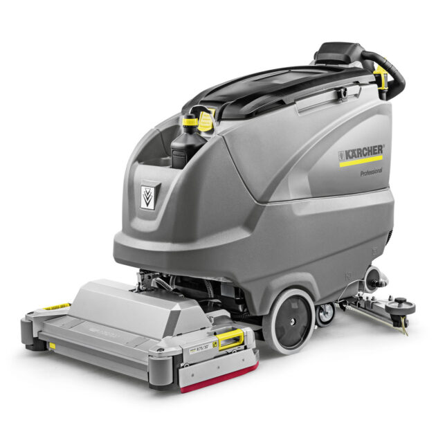 A professional Scrubber Dryer B80 W BP DOSE (Roller) with a large grey body, the brand prominently displayed, featuring a front-mounted cleaning unit and various control handles.