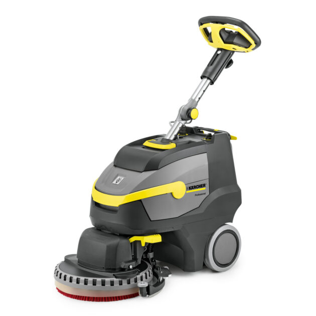 A Scrubber Dryer BD 38/12 C BP with a gray and yellow design, featuring a rotating brush at the bottom and an adjustable handle.