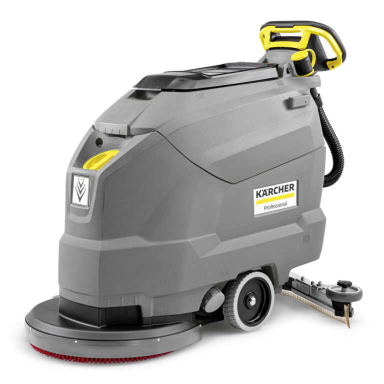 A professional Scrubber Dryer BD 50/50 C Classic BP Pack 115AH floor cleaning machine with a gray body, featuring a red scrubber pad, yellow handle, and black hose, isolated on a white background.