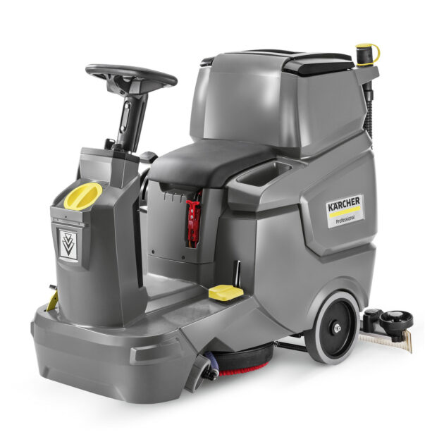 A professional Scrubber Drier BD 50/70 R Classic BP Pack 115AH AGM industrial floor cleaning machine, featuring a gray and yellow design with brushes on one side and a steering wheel, against a white background.