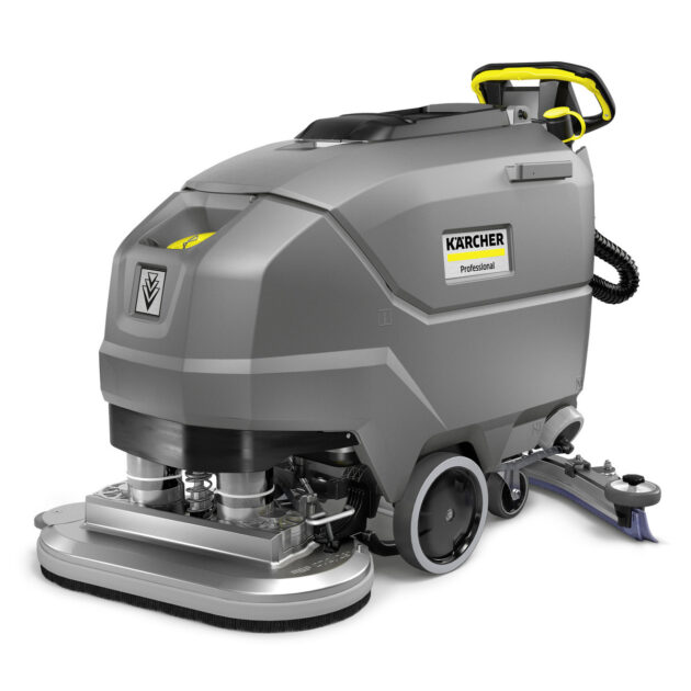 A Scrubber Dryer BD 70/75 W Classic BP Pack 170AH with dual brushes and a yellow handle, isolated on a white background.