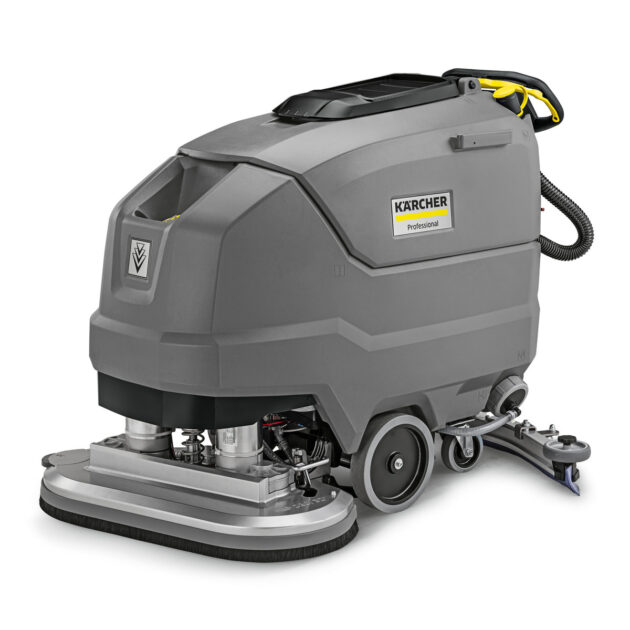 A professional Scrubber Dryer BD 80/100 W BP Pack Classic with dual brushes and a vacuum hose, displayed on a white background, showcasing its industrial cleaning capabilities.
