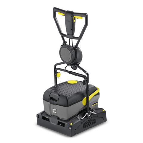 A Scrubber Dryer BR 40/10 C EP ADV with grey and black casing and yellow accents, featuring a handle, control panel, and large scrubbing brushes visible at the base.