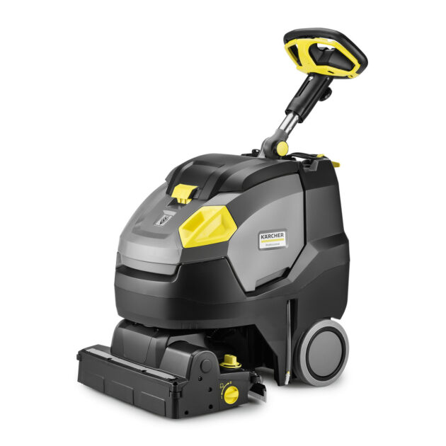 A Professional Scrubber Dryer BR 45/22 C BP Pack Li with a yellow and black color scheme, featuring a handle, control panel, and large wheels.