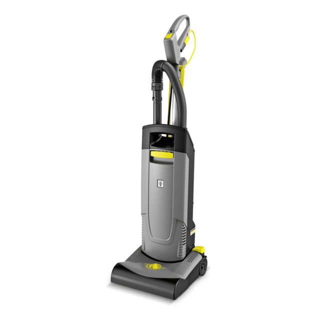 Modern Upright Brush Type Vacuum Cleaner CV 30/1 with a gray and yellow design, featuring an attached hose and nozzle, viewed on a plain white background.
