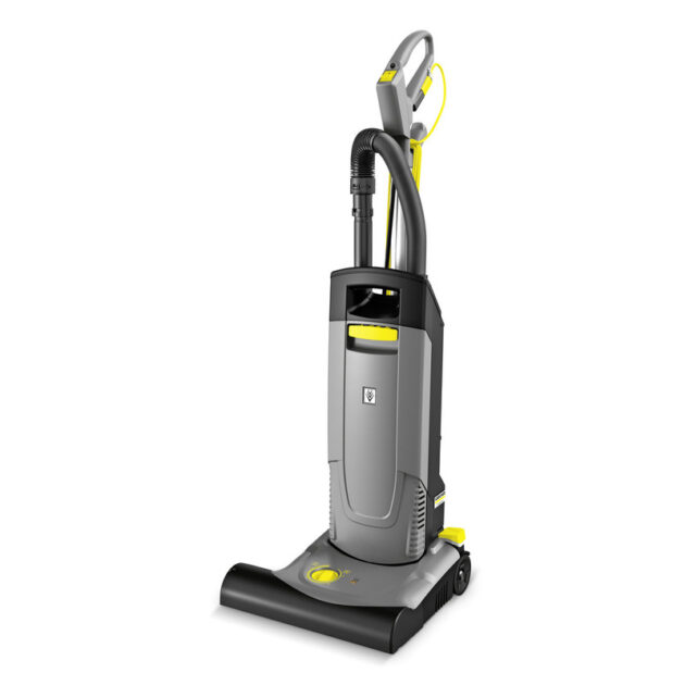 A Upright Brush Type Vacuum Cleaner CV 38/2 ADV GB in gray with yellow accents, featuring an attached flexible hose and a front led headlight.
