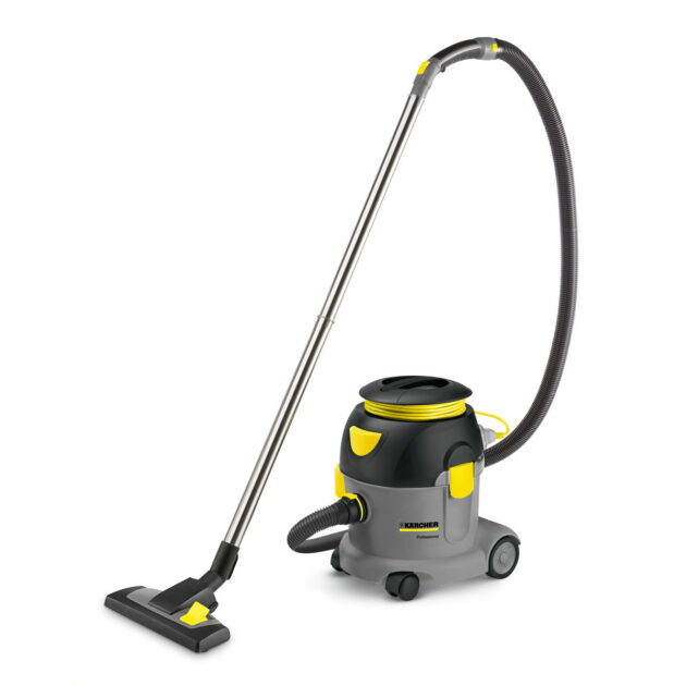 A modern, gray and yellow Dry Vacuum Cleaner T 10/1 ADV with a long hose and floor attachment, isolated on a white background.