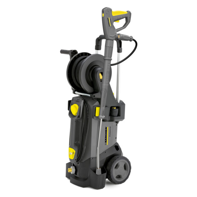 A modern, upright High Pressure Cleaner HD 5/12 CX Plus with a yellow and black color scheme, featuring an onboard hose reel, wheels, and various operational controls.