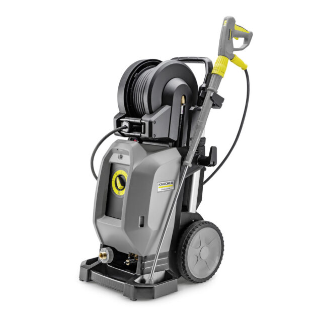 A modern, High Pressure Cleaner HD 9/20-4 SXA Plus with a hose reel, spray gun, and large wheels, isolated on a white background.