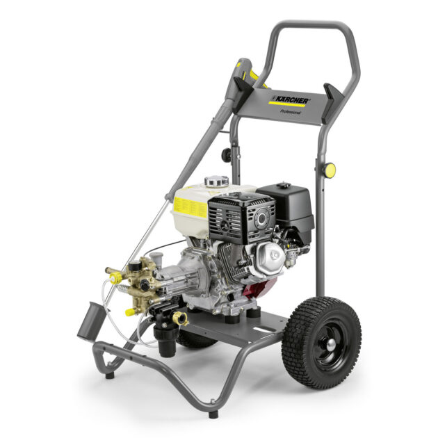 A High Pressure Cleaner HD 9/21 G mounted on a metal frame with two wheels, featuring a grey and yellow color scheme.