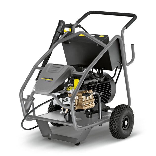 A gray and yellow Ultra-High-Pressure Cleaner HD 9/50-4 Cage with a sturdy frame and large wheels, featuring a prominent motor, a black hose, and metallic accents on a white background.