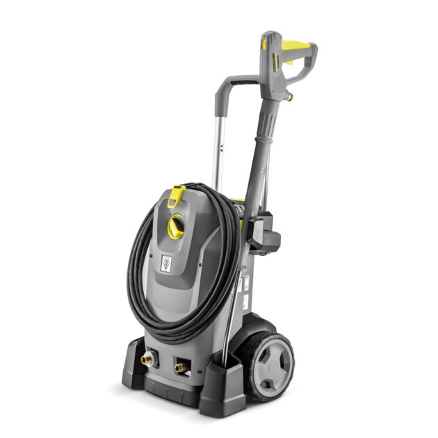 A professional High Pressure Cleaner HD 7/12-4 M Plus with a hose and lance mounted on a wheeled cart, isolated on a white background.