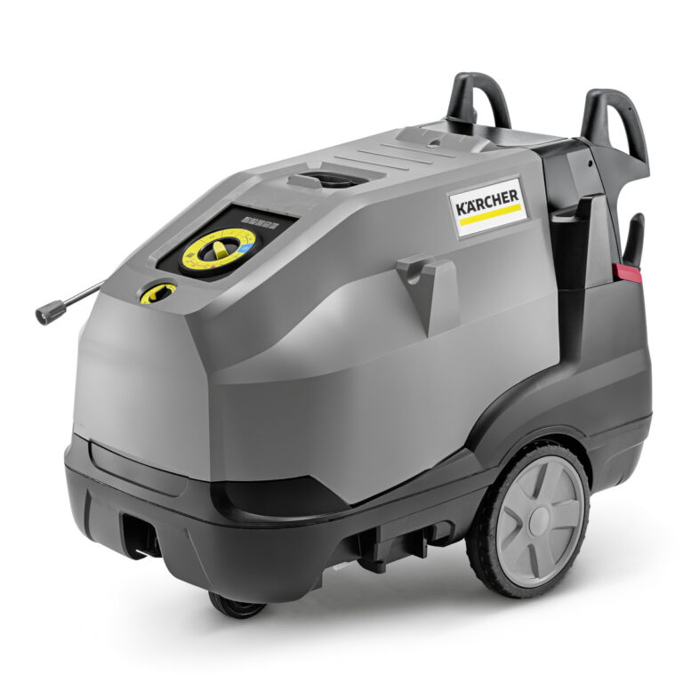 A High Pressure Cleaner HDS 10/21-4 M on white background, featuring prominent grey housing, yellow detailing, and sturdy wheels for mobility.