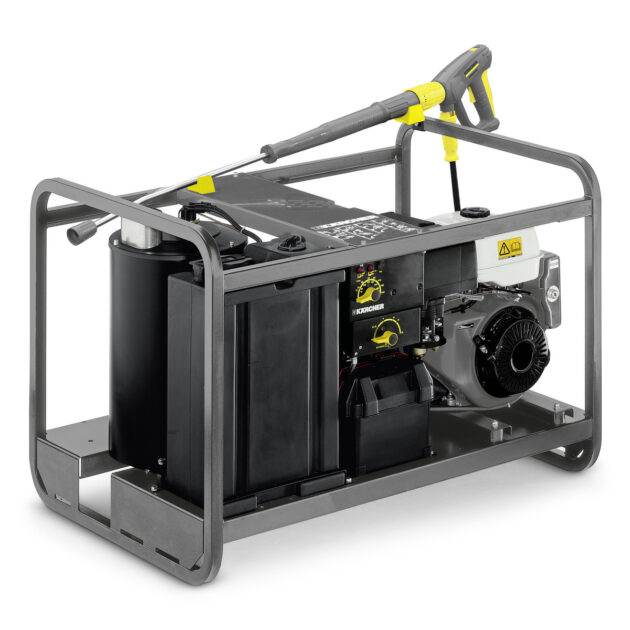 A portable High Pressure Cleaner HDS 1000 DE with a sturdy metal frame, featuring a black engine, yellow handles, and visible control labels and warning signs.