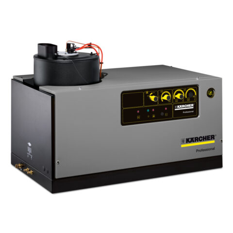 A High Pressure Cleaner HDS 12/14-4 ST with a gray casing, featuring control dials and a logo on the front. a black motor and red wires are visible on top.