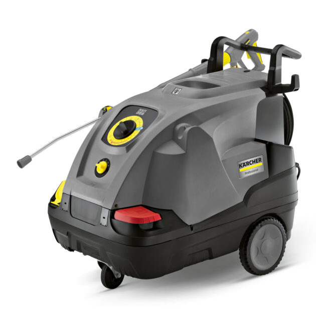 A gray and yellow High Pressure Cleaner HDS 6/12 C with a built-in hose reel and rugged wheels, isolated on a white background.
