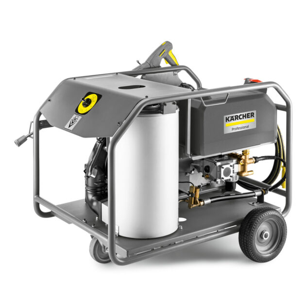 A High Pressure Cleaner HDS 8/20 G on a wheeled frame, featuring a large grey metal cover, a visible pump mechanism, and yellow accents.