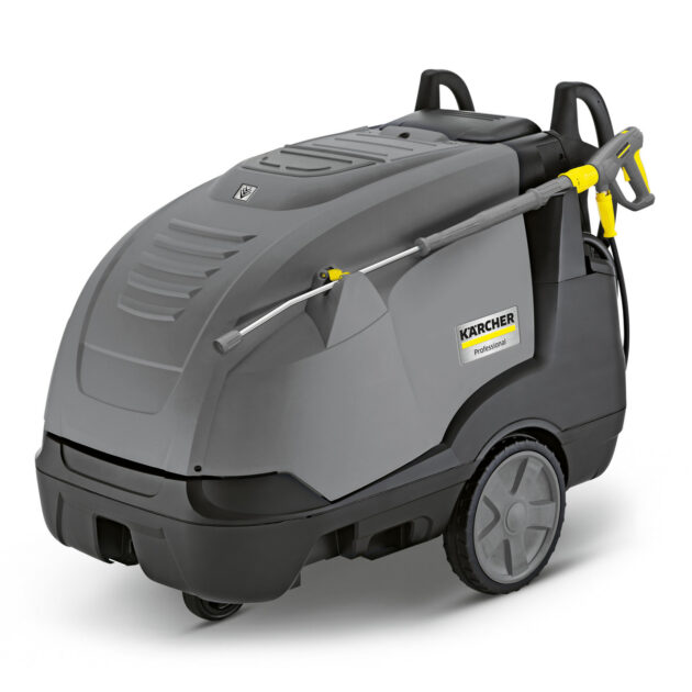 A HDS-E 8/16-4 M 24 KW high-pressure cleaner on wheels, featuring a grey and yellow housing with hoses and nozzles attached, isolated on a white background.