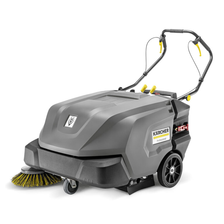 Gray and yellow Vacuum Sweeper KM 85/50 W BP Pack floor sweeper with dual brushes and a handle, isolated on a white background.