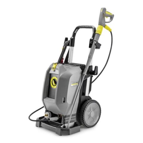 A gray and yellow High Pressure Cleaner HD 10/25-4 S with a handle and wheels for mobility. It features a hose attached to the unit and a trigger gun handle, designed for easy use and transport. The device bears a visible logo, indicating its brand.