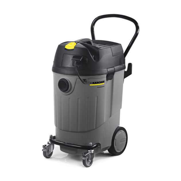A grey and black Wet And Dry Vacuum Cleaner NT 611 ECO K industrial vacuum with a sturdy handle and wheels. The vacuum has a robust cylindrical body and a yellow switch on top.