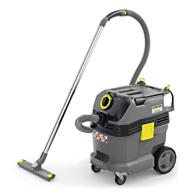 Wet And Dry Vacuum Cleaner NT 30/1 Tact L with a long hose and flat floor nozzle, featuring a sturdy gray body with black and yellow accents, on a white background.
