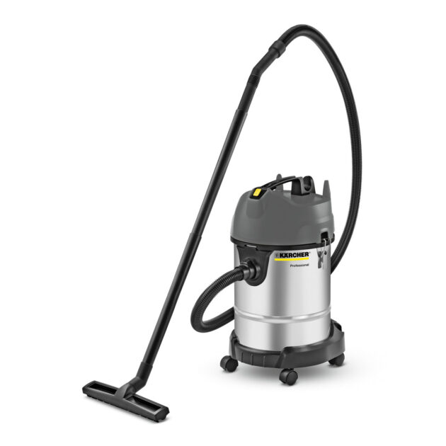 A Wet And Dry Vacuum Cleaner NT 30/1 ME Classic with a stainless steel body, a hose, and a floor nozzle, standing on four black caster wheels.