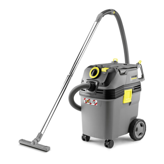 Wet And Dry Vacuum Cleaner NT 40/1 AP L on wheels, featuring a long hose and stick handle, with gray and yellow accents, against a white background.
