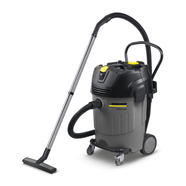 A Wet And Dry Vacuum Cleaner NT 65/2 AP with a black and yellow design, featuring a long hose and metal floor nozzle, on a white background.