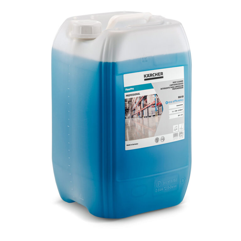 A large blue plastic container of FloorPro Deep Cleaner RM 69 Eco!Efficiency brand pressure washer detergent, isolated on a white background. the label shows the product’s usage on a brick wall.