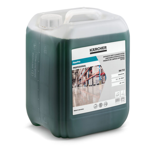 A FloorPro Intensive Deep Cleaner Extra RM 752 in a large rectangular plastic jerry can with a label showing an image of a cleaned facility floor.