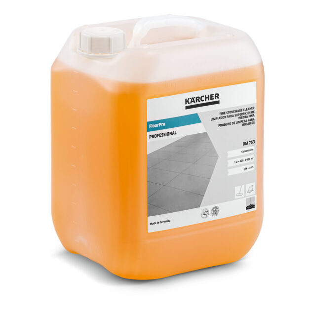A large, orange plastic container of FloorPro Fine Stoneware Cleaner RM 753 with a white screw cap. The label features a grey tiled floor image and details about the product in multiple languages. The container is for professional use.
