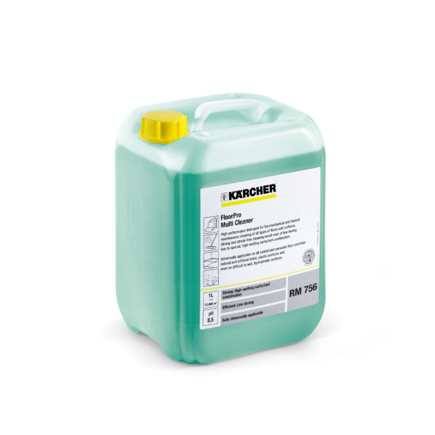 A green plastic jerrican of FloorPro Multi Cleaner RM 756, positioned against a white background. the container has a yellow cap and detailed label information.