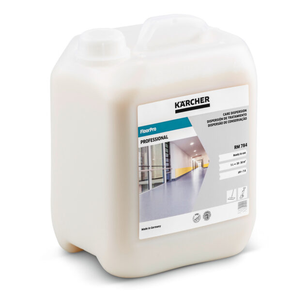 A white plastic jug of FloorPro Care Dispersion RM 784, featuring labels with product information and an image of a shiny, clean hallway. The jug is designed with a handle and a cap on top.
