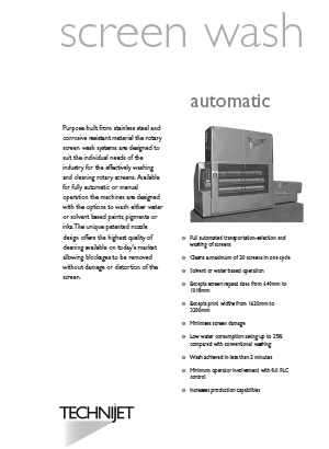 Image of a promotional flyer for an automatic screen wash system, featuring text details about the product's features and specifications alongside an image of the device next to a digital screen.