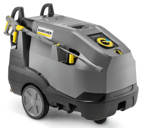 A High Pressure Cleaner HDS 7/10-4 M with wheels and handles for mobility, displaying a robust grey and black body design.