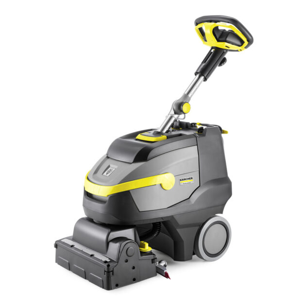 A modern, electric Scrubber Dryer BR 35/12 C BP Pack with a sleek gray and yellow design, featuring a rotating brush at the front and handle controls.