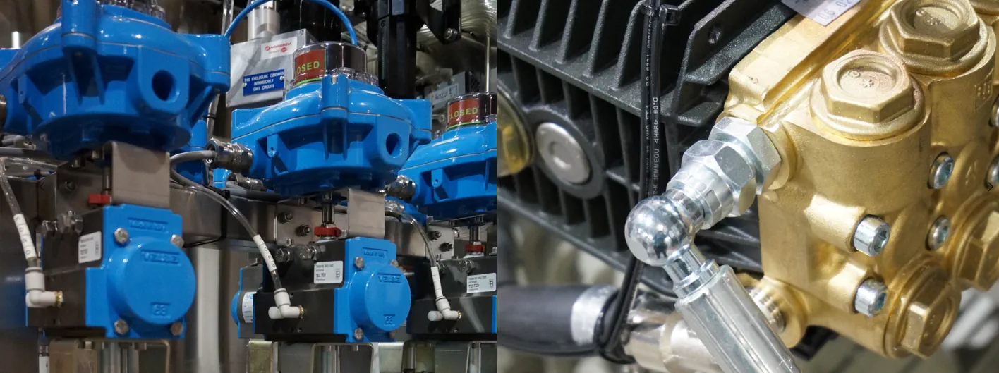 Two close-up images of industrial machinery parts: the left image shows blue motor pumps with labels and pipes, and the right image focuses on a brass valve attachment with intricate details.