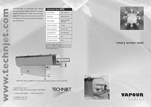 A promotional brochure image for tecnijet's vapour clean rotary screen wash system, featuring machine photos and technical specifications.