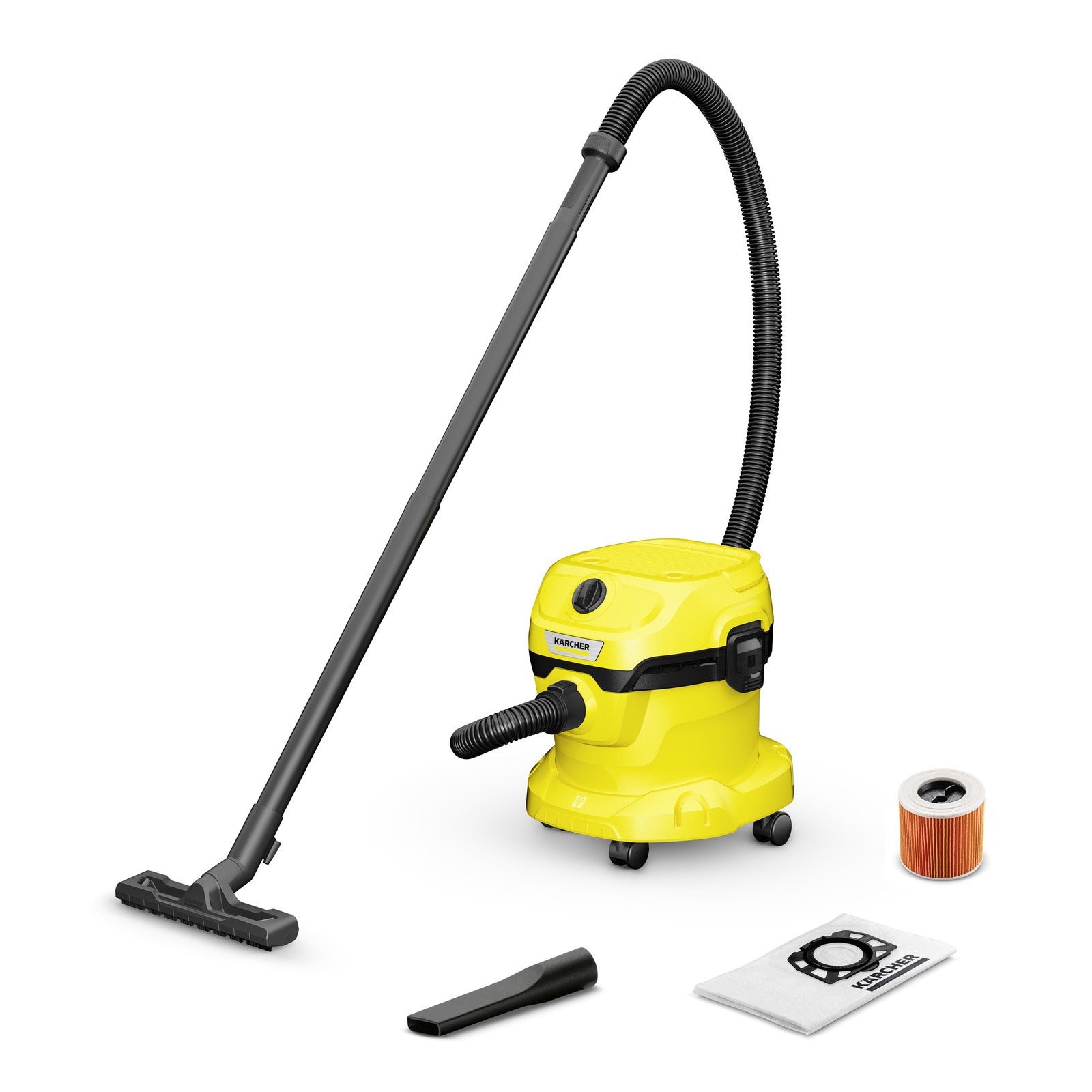 A Karcher WD 2 PLUS wet & dry vacuum cleaner with a flexible hose and attachments, including a floor nozzle and a crevice tool, beside a spare filter and a user manual.