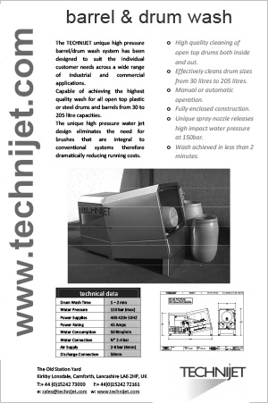 Black and white advertisement for technhijet drum wash systems with diagrams and text detailing features like high pressure barrels, open top drum cleaning, and unique wash processes. contact info at the bottom.