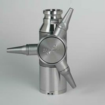 A metallic triple-port gas sampling valve with engraved text on its central body, against a plain gray background.